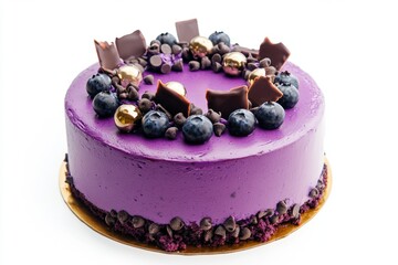 Cake with glossy pink mirror coating, decorated with delicate cream curls, fresh blueberries, chocolate elements and decorative balls. Concept of advertising of confectionery products, restaurant menu