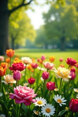 Obraz premium A colorful meadow filled with blooming roses, daisies, and tulips in a peaceful park setting, environment, colorful