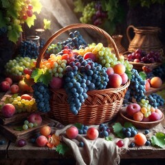 Grapes and apples in a basket.