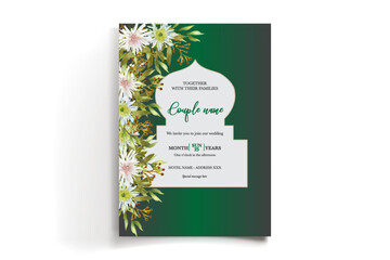 WEDDING INVITATION FRAME WITH FLOWER DECORATIONS AND FRESH LEAVES