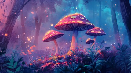 Enchanted forest: bioluminescent fungi and fairy lights illuminate the mystical woods, casting a dreamy, surreal glow on the lush undergrowth.