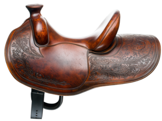 An aged brown leather cowboy saddle with engraved details. transparent PNG