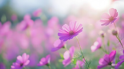 Fototapeta premium A dreamy haze of pink: ethereal blooms awash in sunlight, gentle petals dancing in a field of soft focus, creating a whimsical and serene landscape.