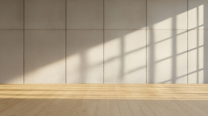 Bright and spacious empty room with wooden floor and sunlight casting shadows on the wall creating a serene atmosphere interior design concept