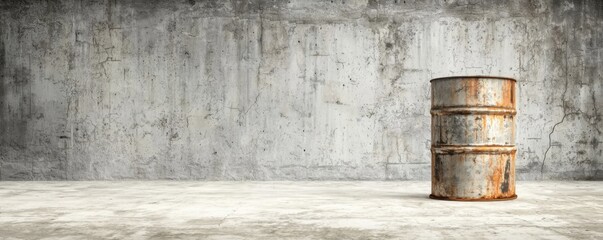 Naklejka premium A weathered, rusted barrel stands against a textured concrete wall, showcasing an industrial aesthetic with a minimalist design.