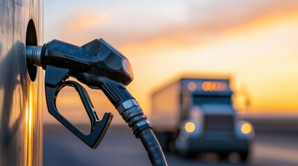 A close-up of a fuel pump nozzle filling a truck, with a blurred truck in the background against a sunset sky.