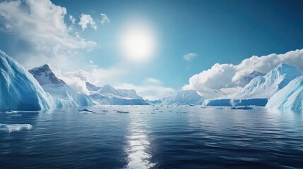 Fototapeta premium Serene arctic ocean view with majestic icebergs under bright sunlit sky