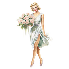 A stylish woman in a light dress holds a bouquet of flowers, exuding elegance and charm.