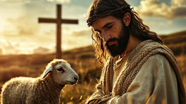 Depiction of a shepherd with a lamb near a cross during sunset in a tranquil field