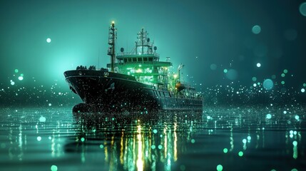 Ocean research vessel at night