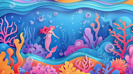 Underwater world of mermaids in paper cut style, bright coral reef, bubbles and ocean waves