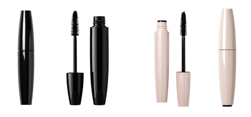 Unbranded mascara tube set PNG top view for makeup and beauty product mockups. Black mascara wand and tube PNG for cosmetics branding and professional beauty campaigns. tube of mascara top view