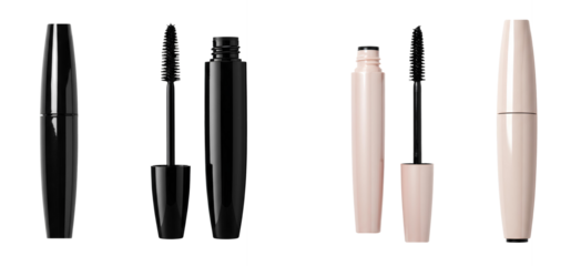 Unbranded mascara tube set PNG top view for makeup and beauty product mockups. Black mascara wand and tube PNG for cosmetics branding and professional beauty campaigns. tube of mascara top view