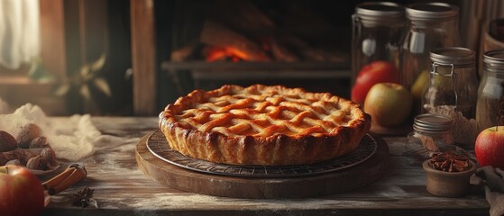 A freshly baked apple pie sits on a rustic wooden table, surrounded by fresh apples and cozy autumnal decor, with a fire crackling warmly nearby.