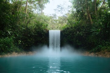 Serene waterfall cascades into turquoise pool, surrounded by lus