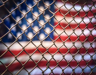 Fototapeta premium view from inside of the chain link fence; blurred usa flag in the background 2