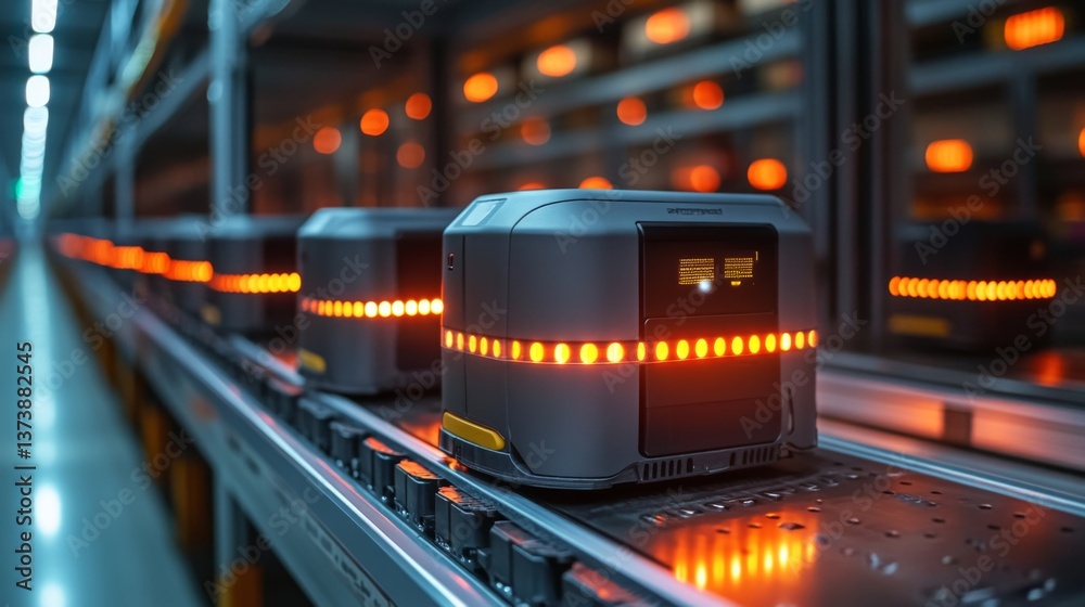 Fototapete Automated systems are efficiently sorting and organizing inventory within a spacious warehouse. Bright lights indicate active processing during a busy period of operations.