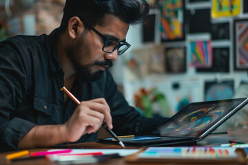 An Indian graphic designer using a stylus on a tablet