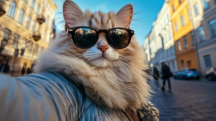 with feline wearing sunglasses and beige jacket posing for selfie Cool vintage european cityscape background, radiating stylish attitude video 4k