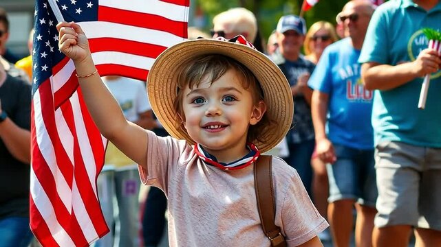 Happy Child Celebrating with American Flag at Festive Parade