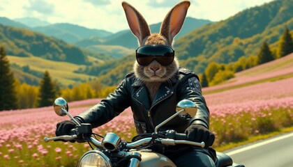 Cute bunny wearing a leather jacket and goggles rides a motorcycle through a picturesque countryside scenery, showcasing fun and adventurous vibes.

