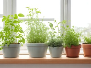 Fototapeta premium A vibrant windowsill herb garden thriving in soft sunlight, showcasing fresh basil, dill, and other aromatic herbs in simple, light-grey and terracotta pots.