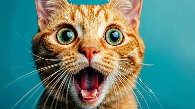 Portrait of a surprised tabby cat opening its mouth copy a blue background, creating on funny and adorable scene a space for text video 4k