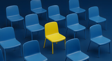 Single Yellow Chair Among Blue Chairs: Minimalist Concept