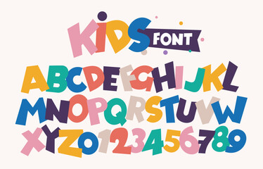 Colored uneven chaotic letters, pastel kid sans serif letters, joyful festival font for logo, toy, birthday, greeting card, childhood lettering. Vector alphabet, typographic design.