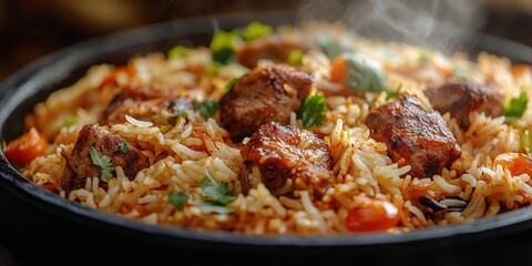 Fototapeta premium Steaming plate of seasoned rice with tender meat chunks garnished with herbs and tomatoes.