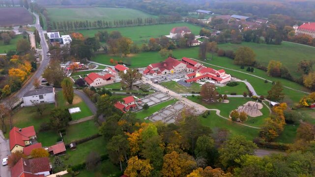 Legionary Fortress In Roman Town of Carnuntum On Foggy Day In Autumn. Petronell-Carnuntum, Austria. aerial shot