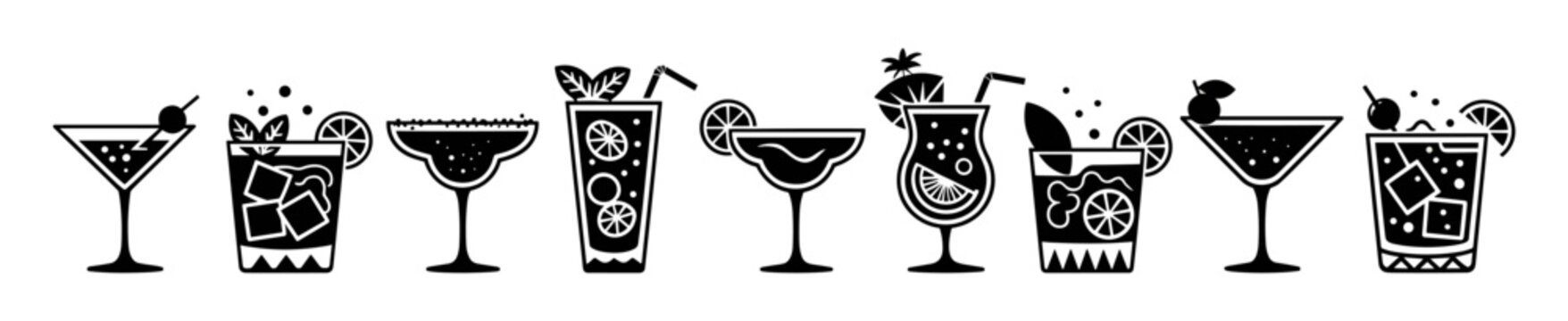 A set of black and white silhouettes of various cocktails and drinks. The mood of the images is sophisticated and elegant. Flat vector illustrations isolated on transparent background