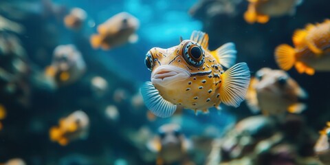 Obraz premium Vibrant pufferfish swims in a tropical underwater world with glowing fins and spotted orange body.