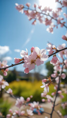 Obraz premium Cherry Blossom Branch Against Blue Sky