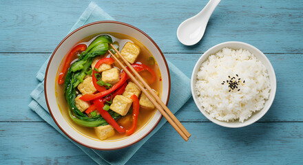 Savory Tofu and Bok Choy Stir-Fry with Rice, Overhead Shot