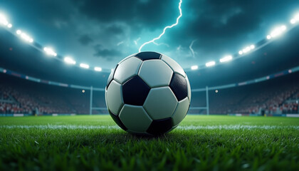 Fototapeta premium A soccer ball on the field in an inspiring moment. Storms indicate this is a major event. Promoting soccer, or association football.