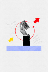 Creative trend collage of hand holding showing dollars banknote cash on white background