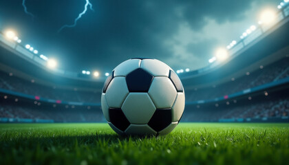 A soccer ball on the field in an inspiring moment. Storms indicate this is a major event. Promoting soccer, or association football.