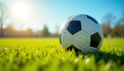 Fototapeta premium A soccer ball on the field in an inspiring moment. Promoting soccer, or association football.