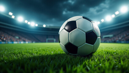 A soccer ball on the field in an inspiring moment. Promoting soccer, or association football.