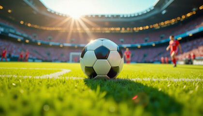 A soccer ball on the field in an inspiring moment. Promoting soccer, or association football.