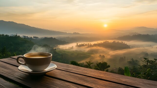 Misty Sunrise Coffee: A serene landscape view while enjoying a cup of warm drink, creating a harmonious start to the day.