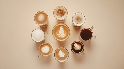A circular arrangement of various coffee beverages, showcasing an assortment of latte art, textures, and presentations on a neutral surface.