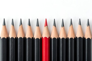 A single red pencil stands out among a row of black pencils, symbolizing individuality and uniqueness against conformity, a vibrant contrast on a clean white background.