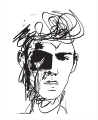 Portrait of a man with charcoal. Vector illustration. Portrait drawn with lines. Hand drawn. Untidy drawing. Scribble art. Creative drawing. . Chaotic lines. Head silhouette.