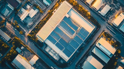 Solar cells or panels seen from above on the roof of a factory buildingsource
