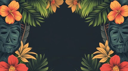 Tropical Background with Tiki Mask and Hibiscus Flowers
