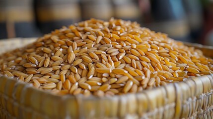 Obraz premium Bhutanese Jangbali Rice grains extreme close up highlighting their deep golden brown hues and glossy surface traditional Bhutanese woven basket partially visible