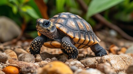 Fototapeta premium Turtle on rocks in a natural environment, suitable for blogs about nature, ecology and wildlife.