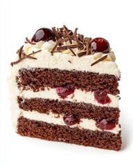 International sweet food minimal. A rich chocolate cake slice layered with cream, cherries, and chocolate shavings, appealing to dessert lovers and creating a delightful visual treat.